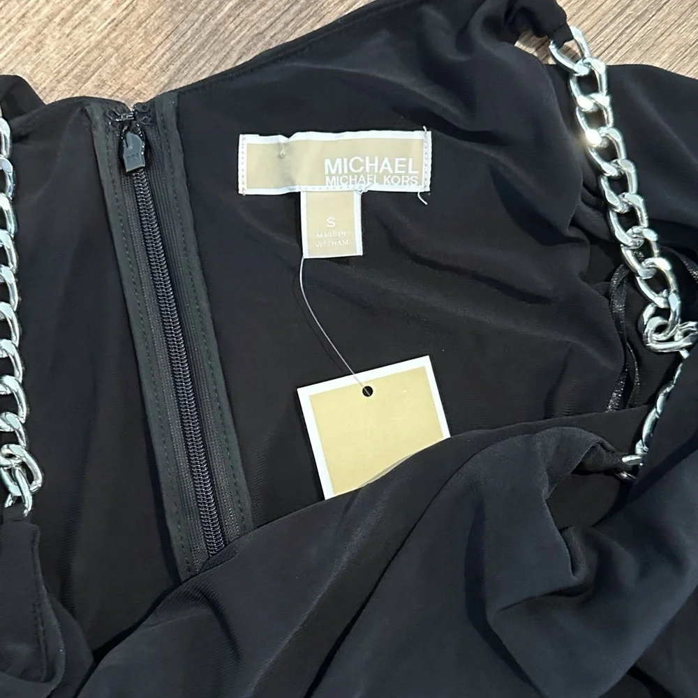 NWT Michael Kors Black Tiered Chain Strap Overlay Maxi Dress Size Small